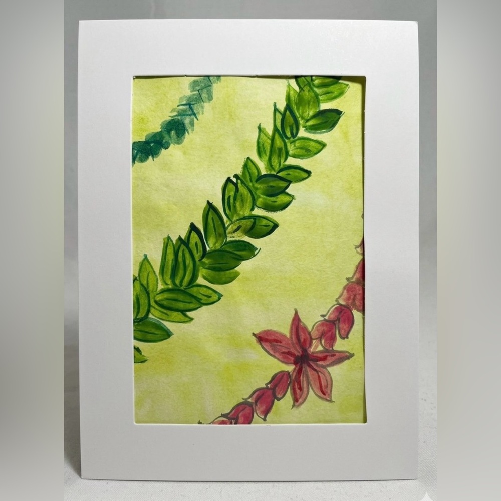 One of a Kind- Hawaiian lei Watercolor Print - Green & Pink